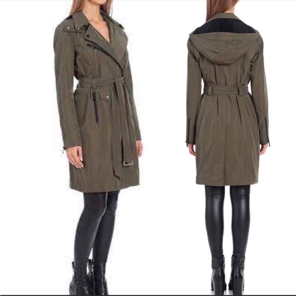 Avec Les Filles Olive Belted & Hooded Moto Trench Coat Size XL